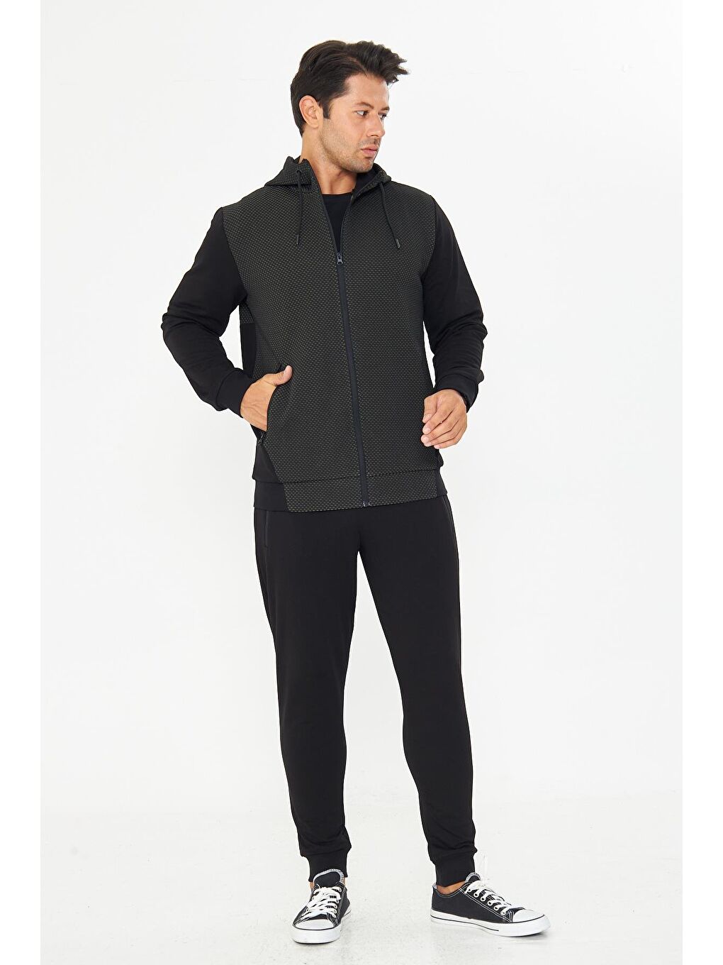 Erkek Tam Fermuarlı Kapüşonlu Eşofman Takımı Haki 5816-H-2