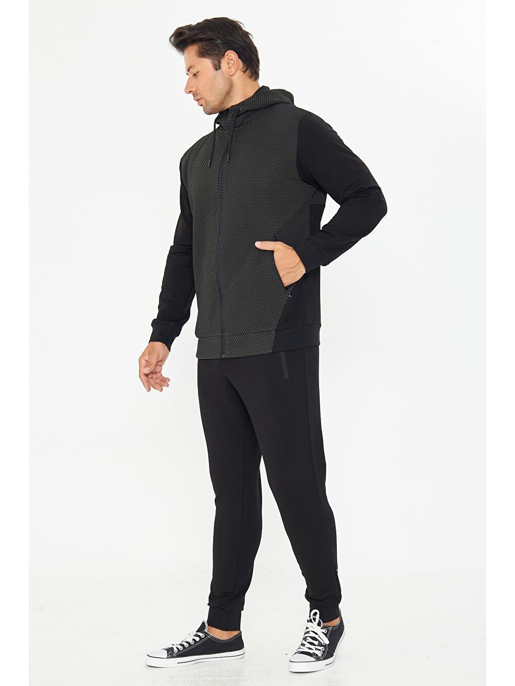 Erkek Tam Fermuarlı Kapüşonlu Eşofman Takımı Haki 5816-H-4