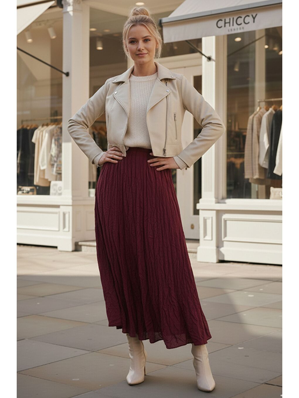 Bordo Lastikli Bel Casual Krinkıl Uzun Dokuma Etek 95 60-1