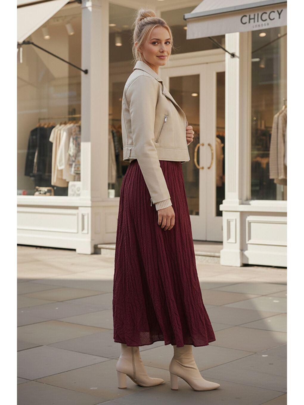 Bordo Lastikli Bel Casual Krinkıl Uzun Dokuma Etek 95 60-2