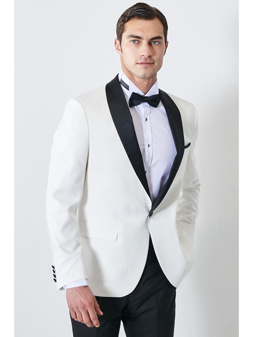 Erkek Beyaz-Siyah Slim Fit Dar Kesim Şal Yaka Desenli Klasik Smokin Takım