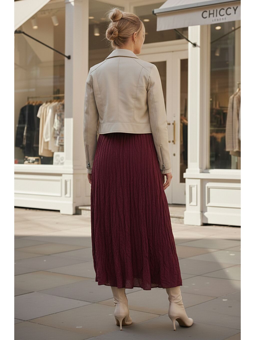 Bordo Lastikli Bel Casual Krinkıl Uzun Dokuma Etek 95 60-3