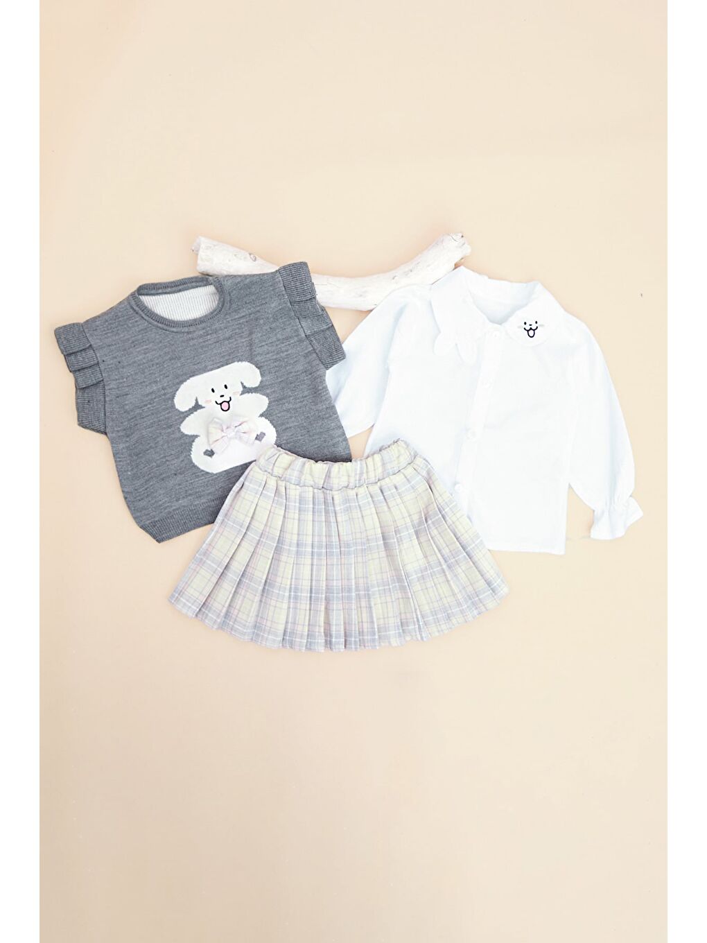 Gri Ekose Desenli Triko Süveterli Kız Çocuk 3 Lü Takım-1