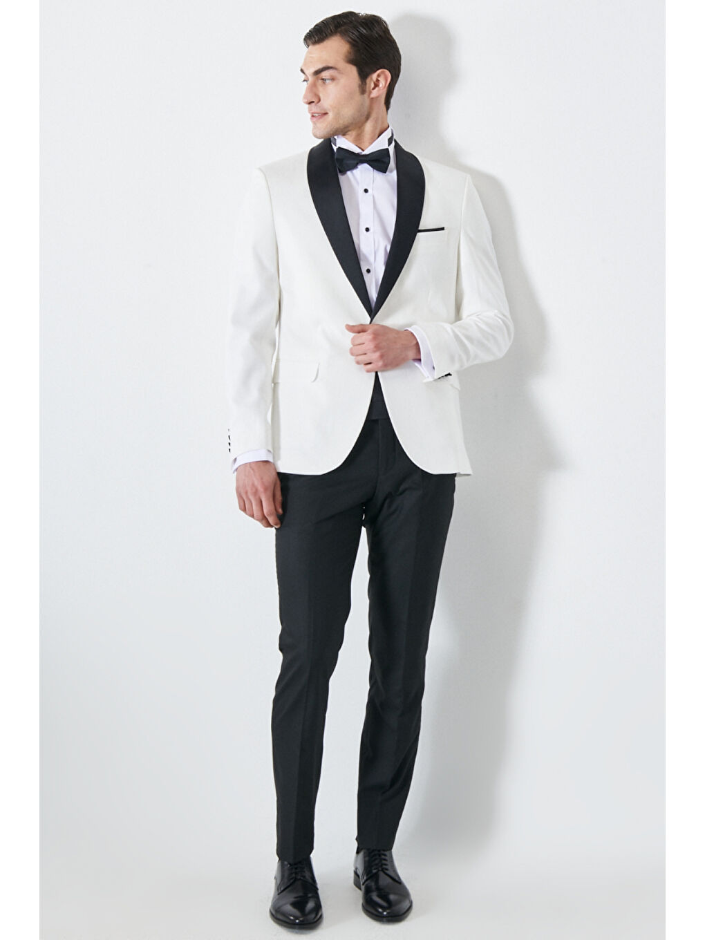 Erkek Beyaz-Siyah Slim Fit Dar Kesim Şal Yaka Desenli Klasik Smokin Takım-1