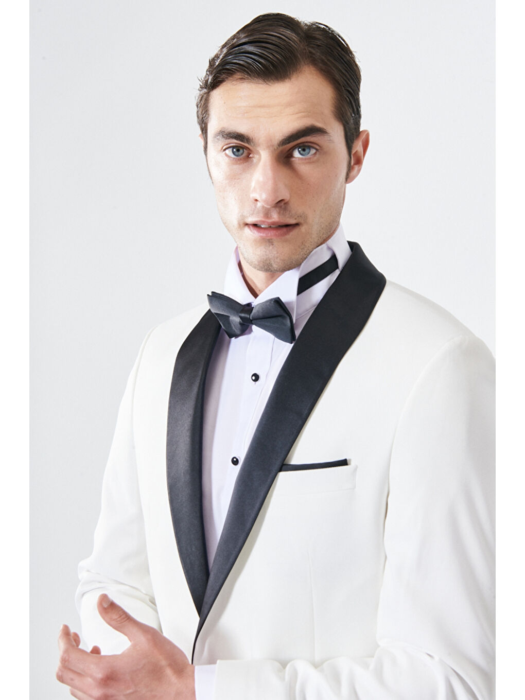 Erkek Beyaz-Siyah Slim Fit Dar Kesim Şal Yaka Desenli Klasik Smokin Takım-2