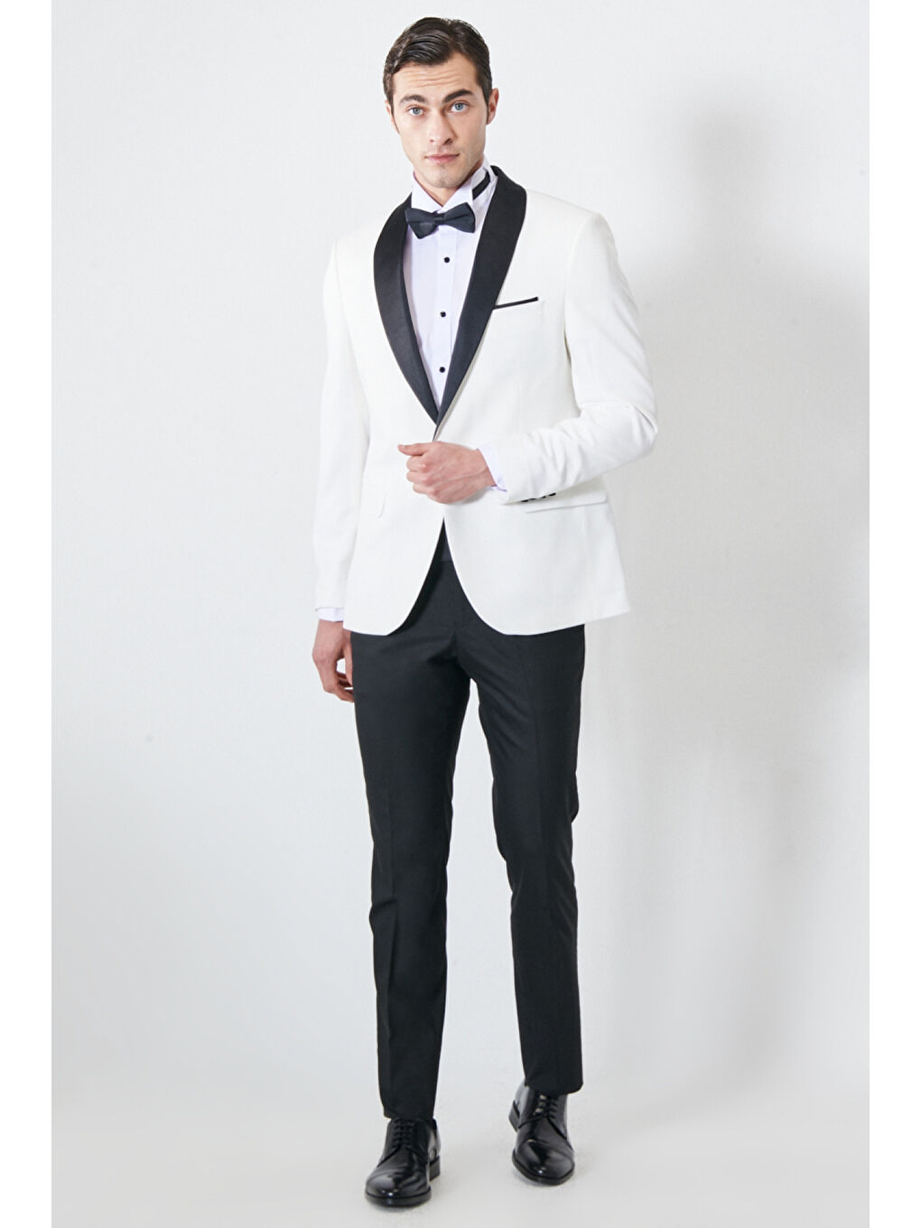 Erkek Beyaz-Siyah Slim Fit Dar Kesim Şal Yaka Desenli Klasik Smokin Takım-3