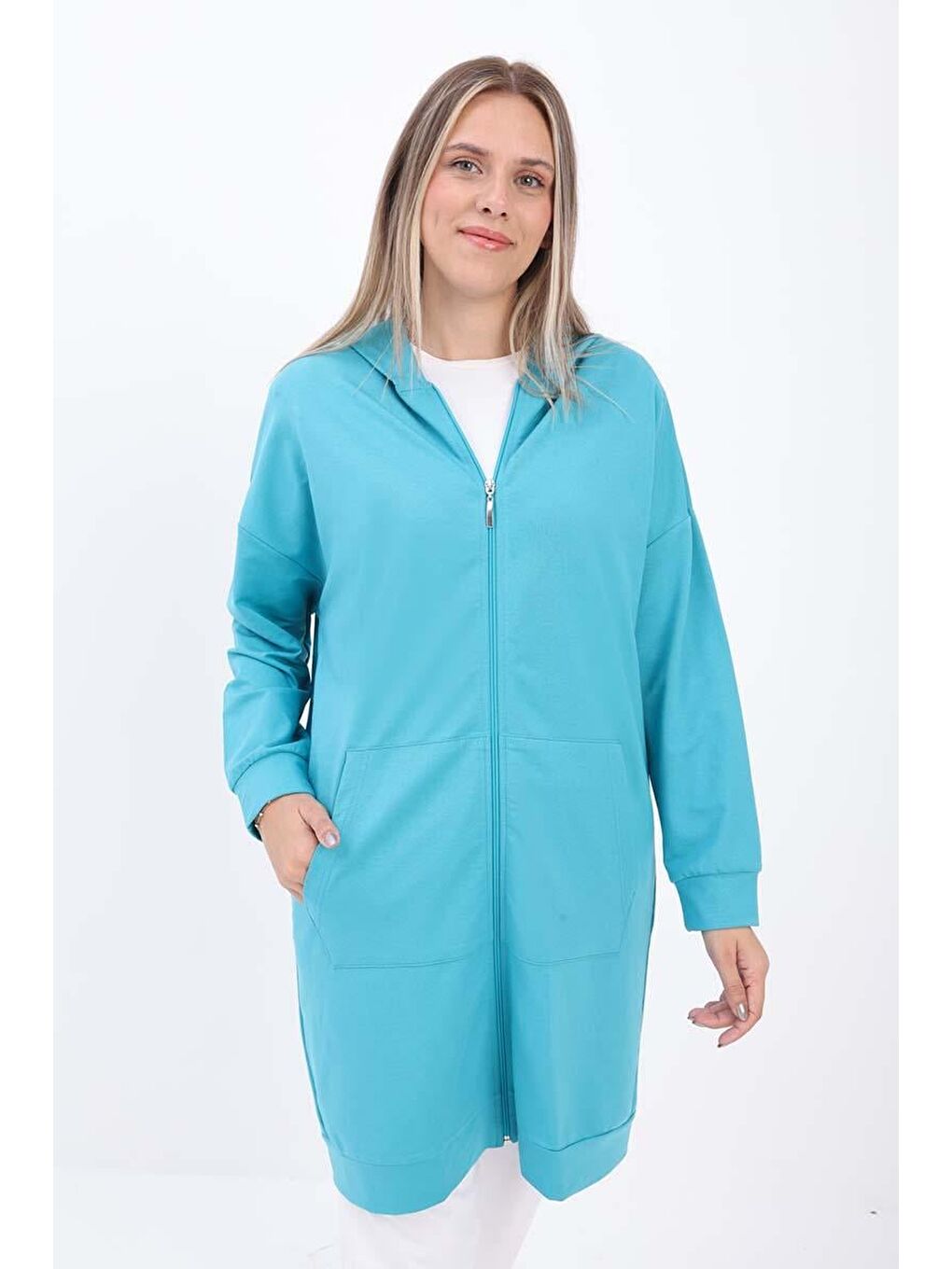 ALLDAY Turkuaz Kapüşonlu Fermuarlı Sweat Hırka