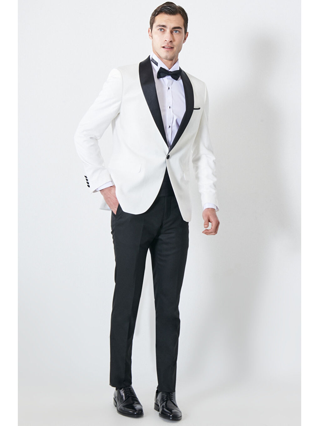 Erkek Beyaz-Siyah Slim Fit Dar Kesim Şal Yaka Desenli Klasik Smokin Takım-4