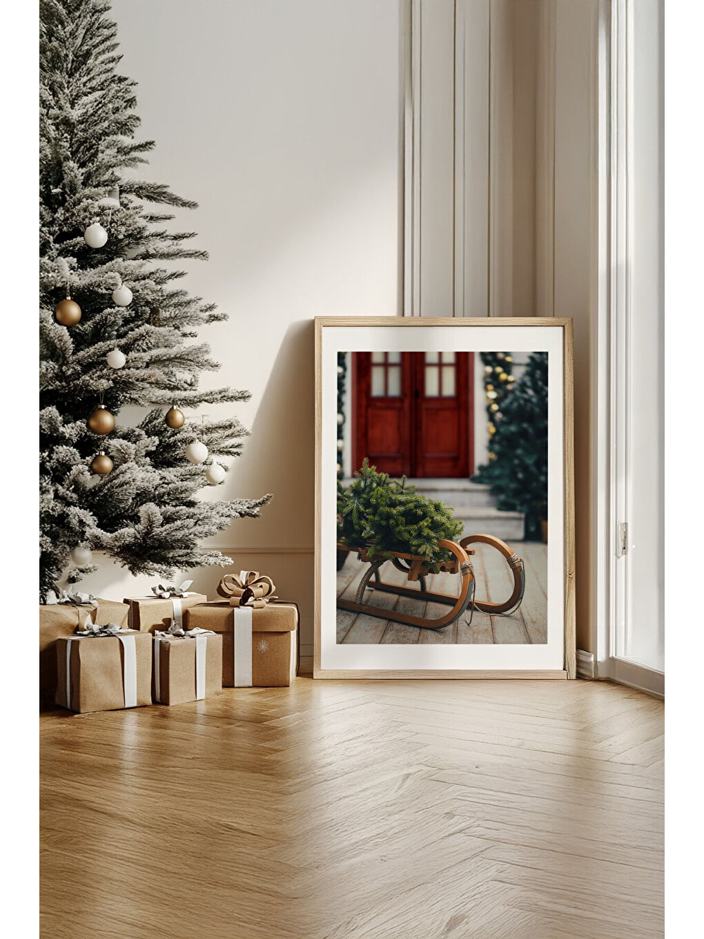 Beyaz Tek Parça Gerçek Ham Ahşap Çerçeveli Yılbaşı(New Year) Temalı Tablo - Model 78 - NWYEARSNGMDL78-5070