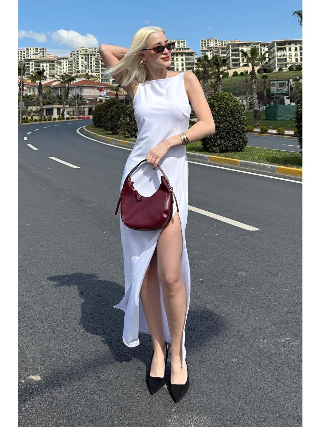 Beyaz Maxi Boy  Yırtmaç Detaylı  Kadın Elbise Mg2367-1