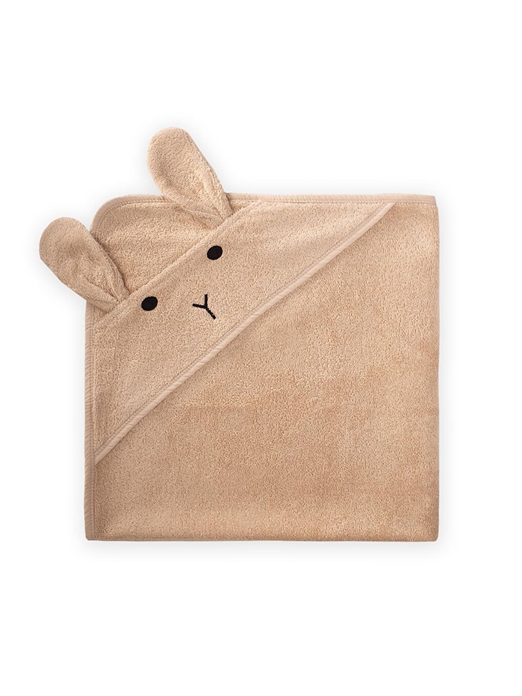 Kulaklı Tavşan Nakışlı Bebek Banyo Havlusu 75X75 Cm Bej