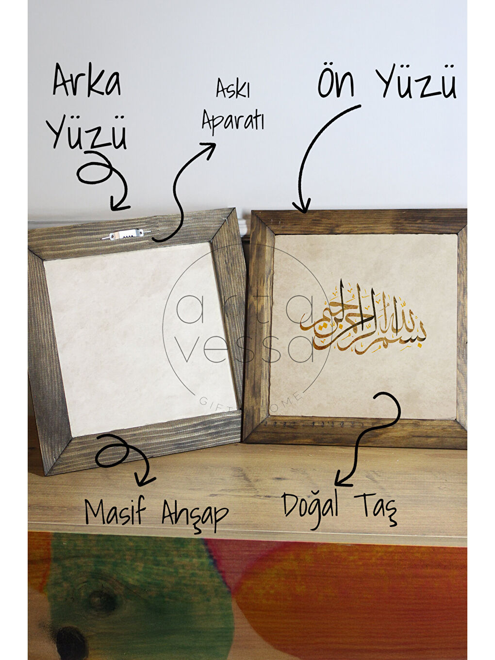 Beyaz Masif Ahşap Çerçeveli Taş Tablo Pano 26 x 26 cm - İslami Model 11 - 26 x 26-2