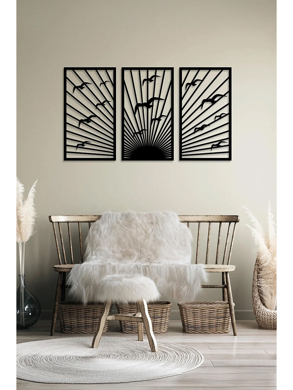 Beyaz 3 Parça Kuşlar ve Batımı Temalı Lazer Kesim Mdf Tablo Seti - Model 5 - ERSYLAZERMDL5-1520-2