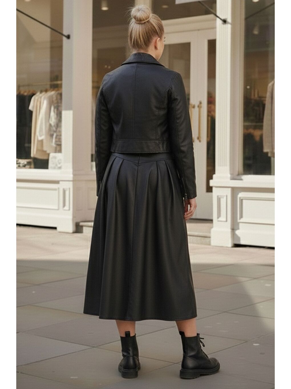Siyah İnce Yanları Bağlamalı Lastikli Bel Casual Suni Deri Dokuma Etek 84 75-4