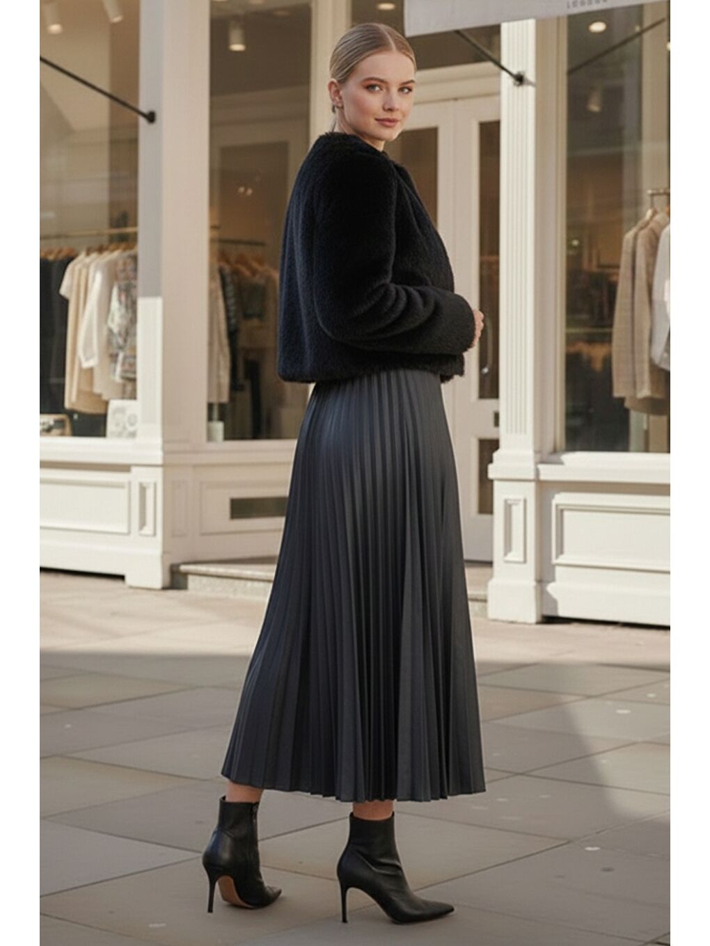 Antrasit Eteği Pliseli Lastikli Bel Casual Suni Deri Uzun Dokuma Etek 95 60-2