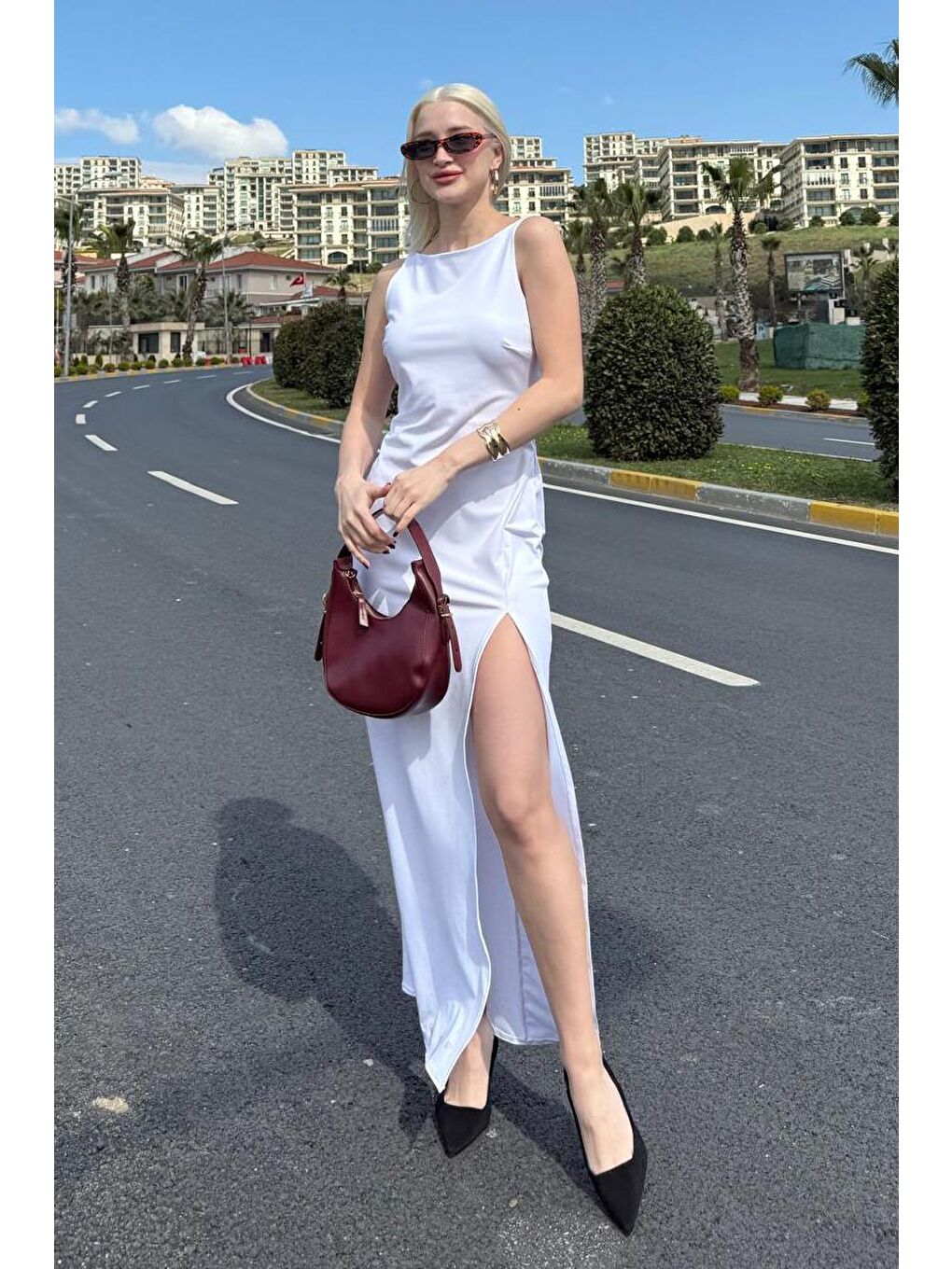 Beyaz Maxi Boy  Yırtmaç Detaylı  Kadın Elbise Mg2367-2