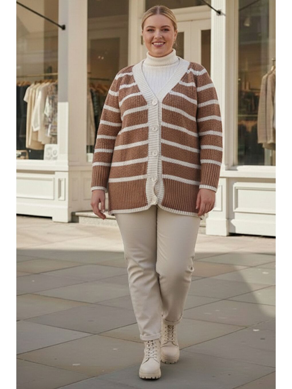 Kahverengi Büyük Beden Açık Kahve V Yaka Uzun Kol Çizgili Düğmeli Kalın Casual Triko Hırka 70 70-1