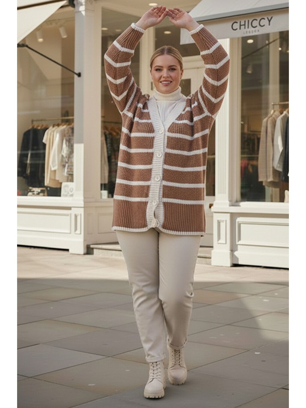 Kahverengi Büyük Beden Açık Kahve V Yaka Uzun Kol Çizgili Düğmeli Kalın Casual Triko Hırka 70 70-2