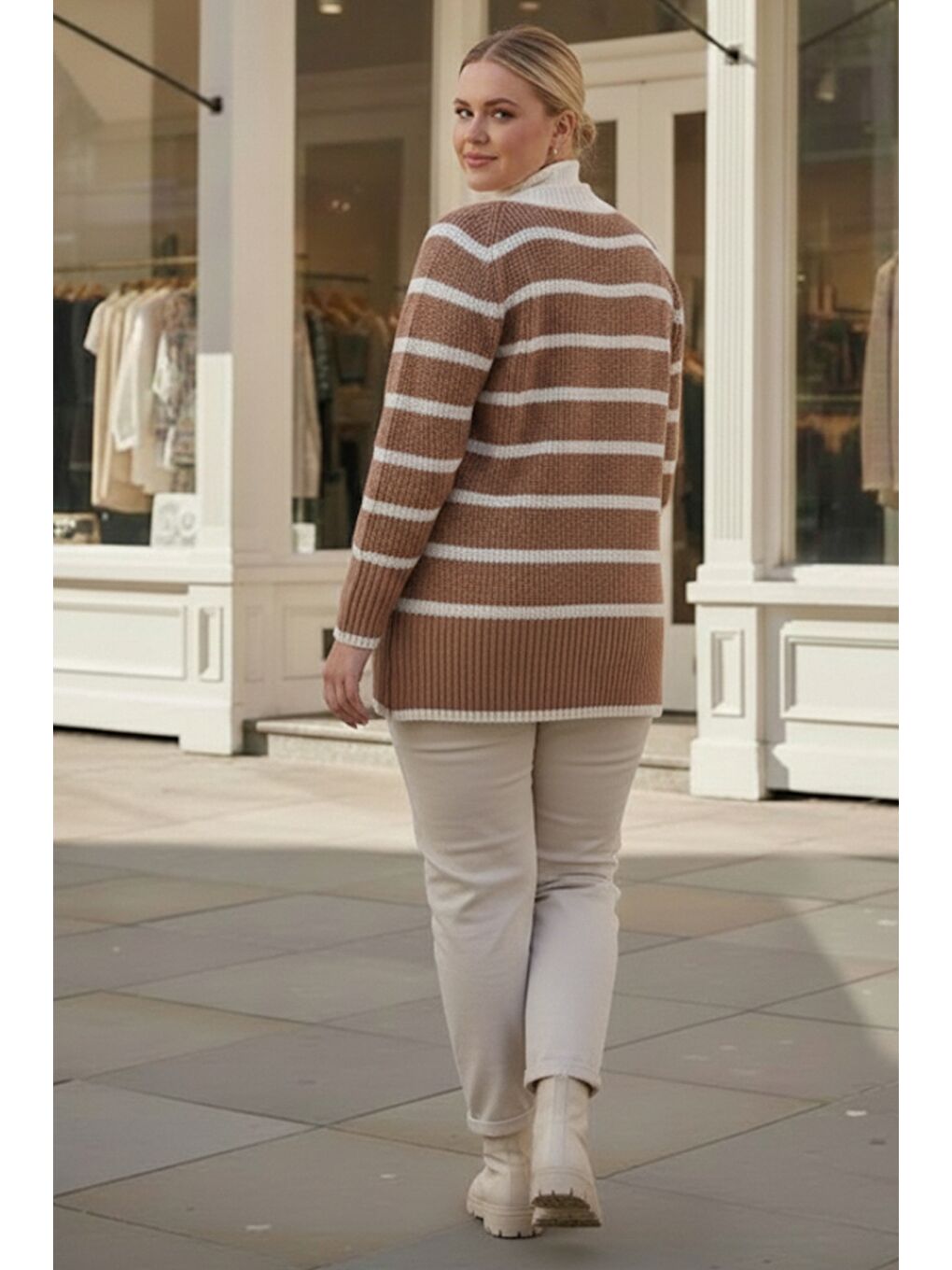 Kahverengi Büyük Beden Açık Kahve V Yaka Uzun Kol Çizgili Düğmeli Kalın Casual Triko Hırka 70 70-4