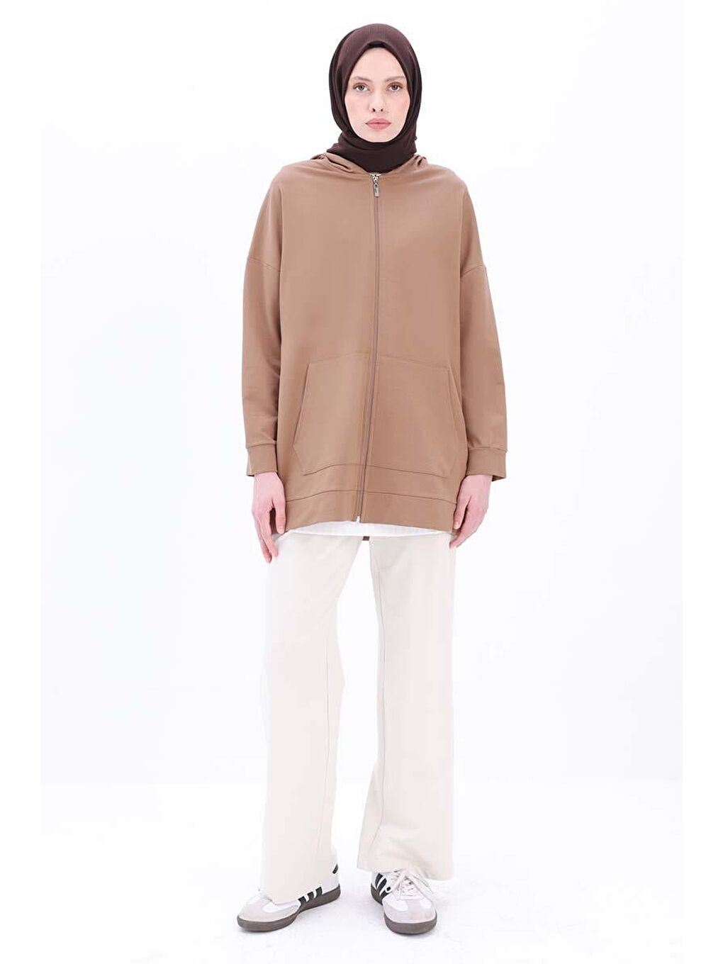 Bej Vizon Kapüşonlu Fermuarlı Sweat Hırka-1
