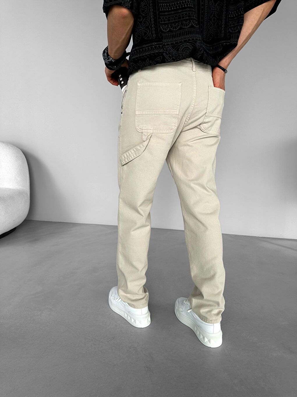 Bej Blok Yama Detaylı Slim Fit Erkek Pantolon Taş Rengi-2