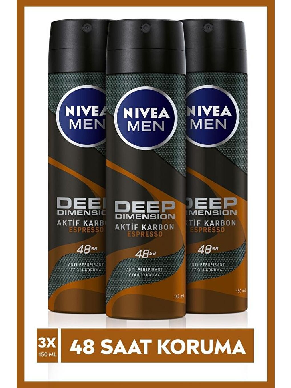 NIVEA Şeffaf Men Erkek Deodorant Deep Dimension Espresso 150 ml X3 Adet, 48 Saat Anti-Perspirant Koruma