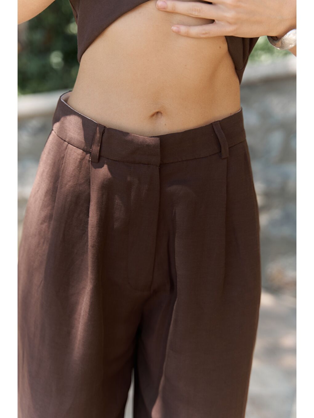 Kahverengi Prasetsah Bağlamalı Kahve Crop Pantolon Takım-6