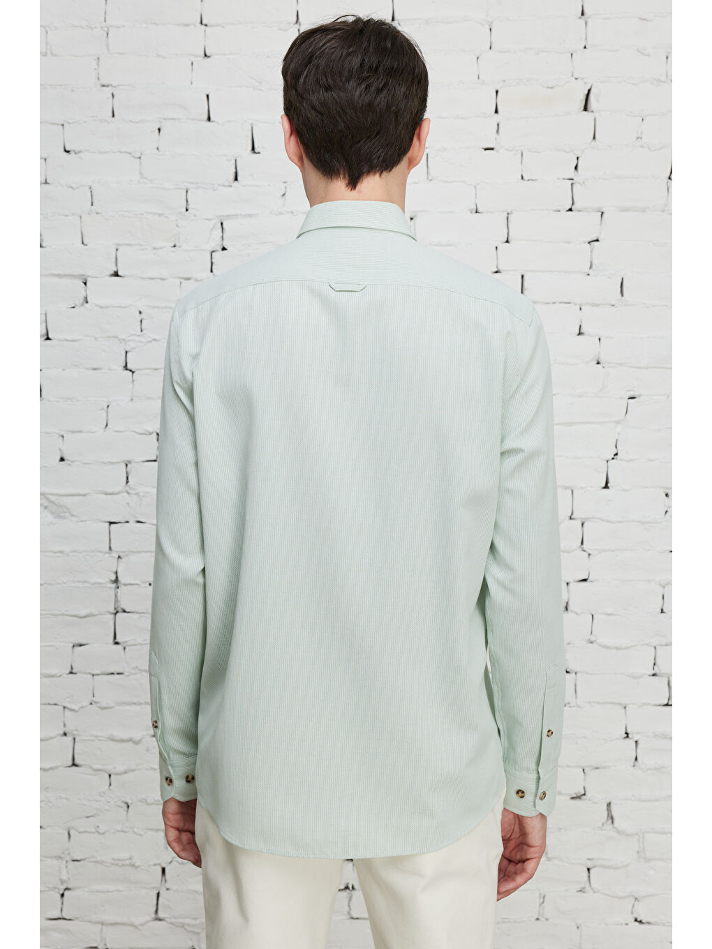 Erkek Yeşil Slim Fit Dar Kesim Düğmeli Yaka Pamuklu Armürlü Gömlek-1