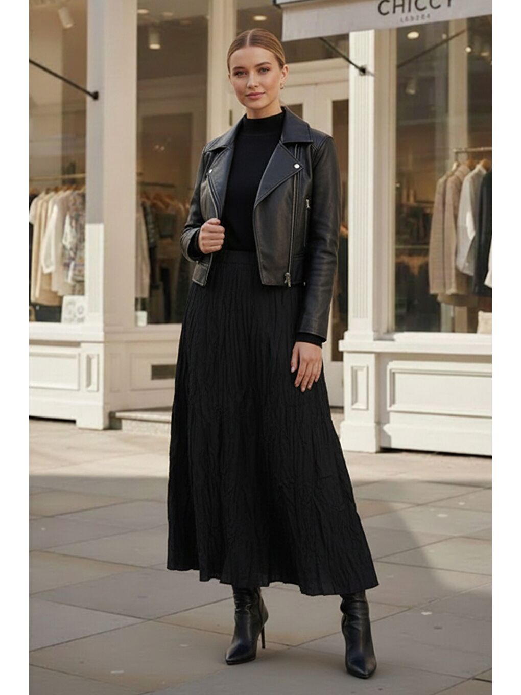 Siyah Lastikli Bel Casual Krinkıl Uzun Dokuma Etek 95 60