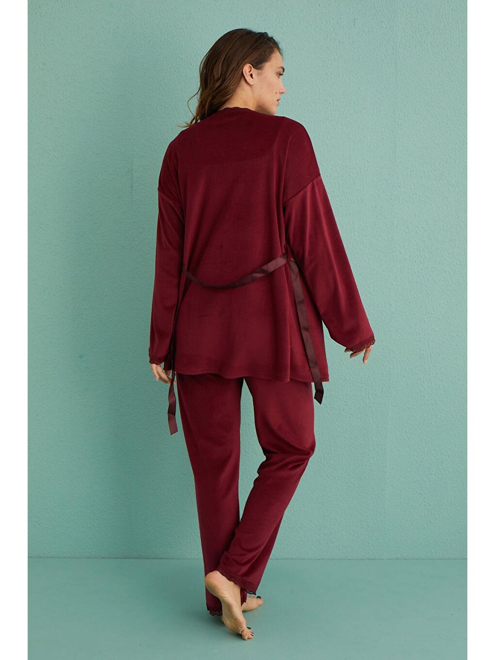 Kadın Kadife Sabahlıklı Altı Uzun 3'Lü Pijama Takımı | Bordo13402-5-1
