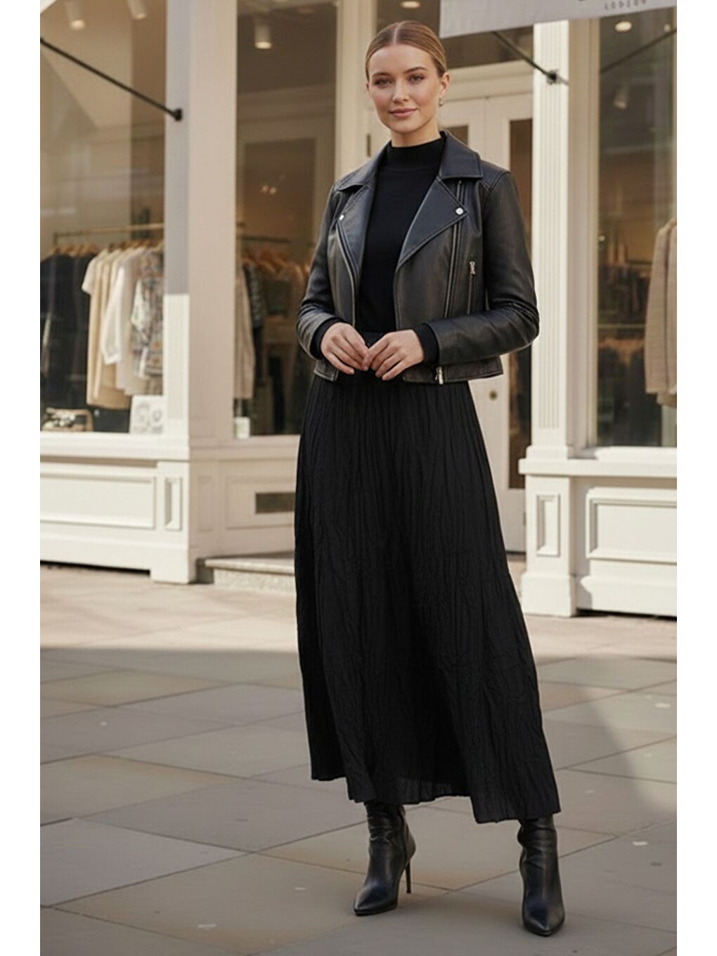 Siyah Lastikli Bel Casual Krinkıl Uzun Dokuma Etek 95 60-1