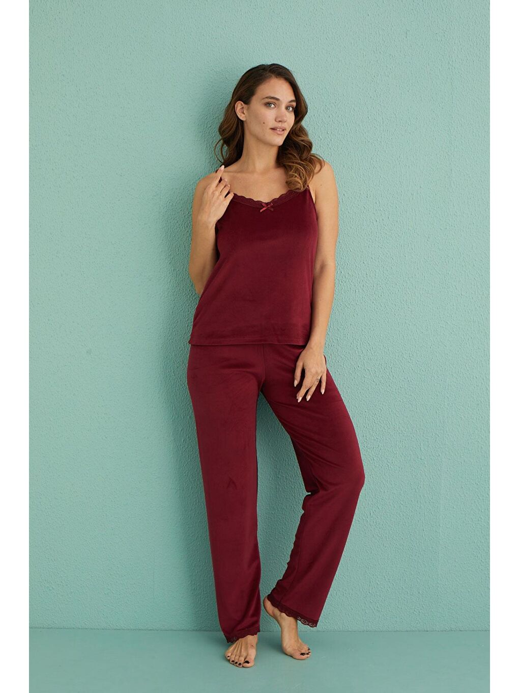 Kadın Kadife Sabahlıklı Altı Uzun 3'Lü Pijama Takımı | Bordo13402-5-2