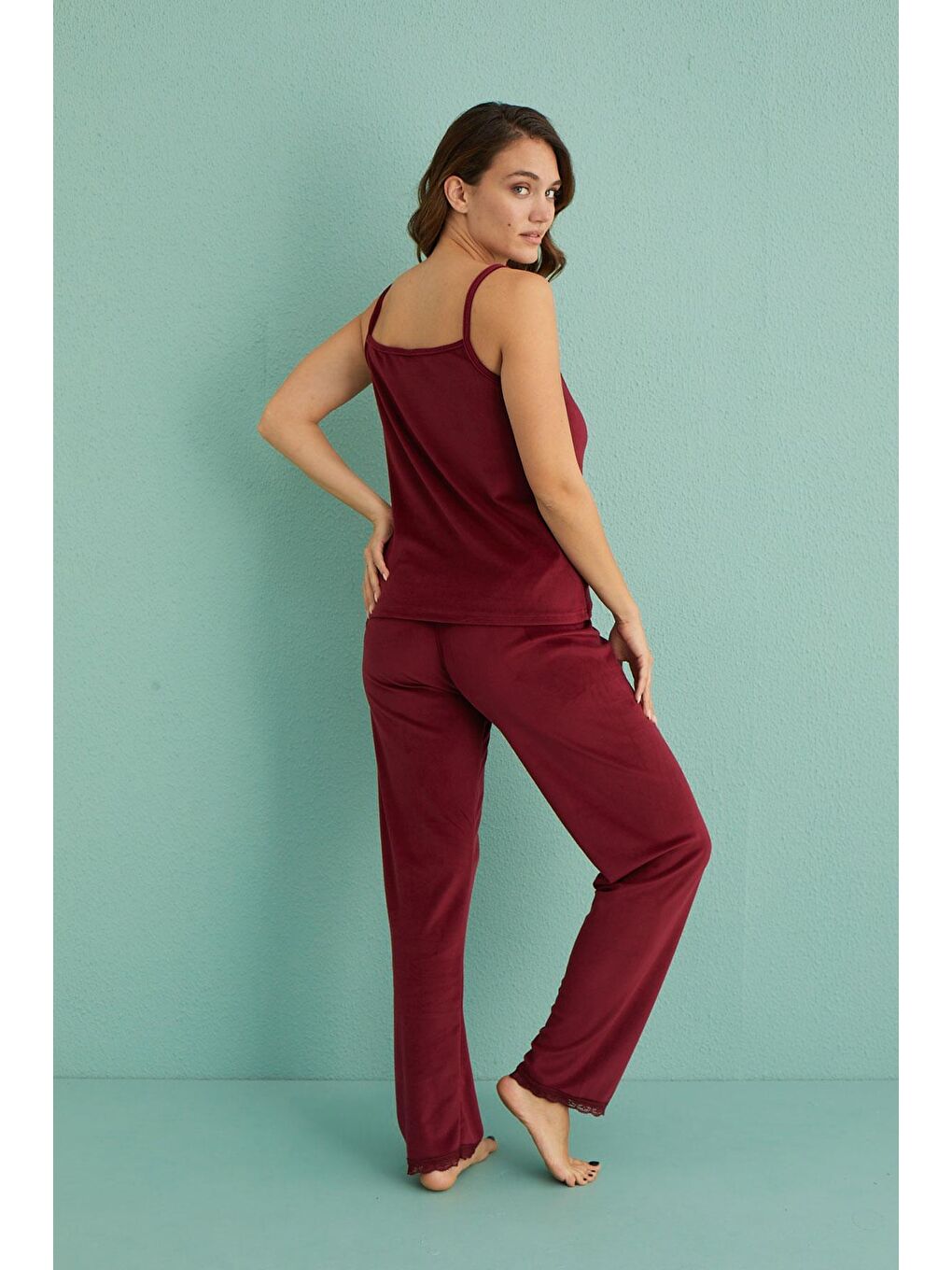 Kadın Kadife Sabahlıklı Altı Uzun 3'Lü Pijama Takımı | Bordo13402-5-3