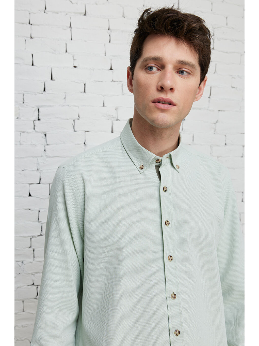 Erkek Yeşil Slim Fit Dar Kesim Düğmeli Yaka Pamuklu Armürlü Gömlek-4