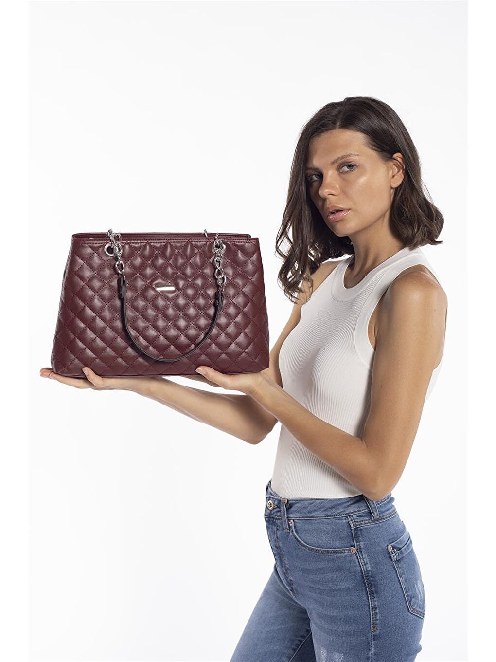 Büyük Kapitone Zincirli Çanta Bordo-5