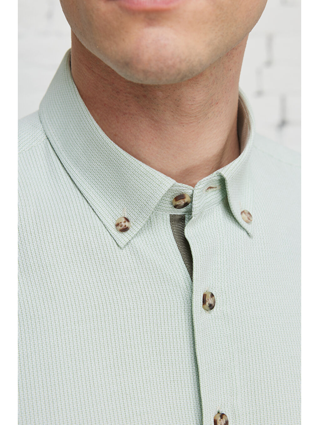 Erkek Yeşil Slim Fit Dar Kesim Düğmeli Yaka Pamuklu Armürlü Gömlek-5