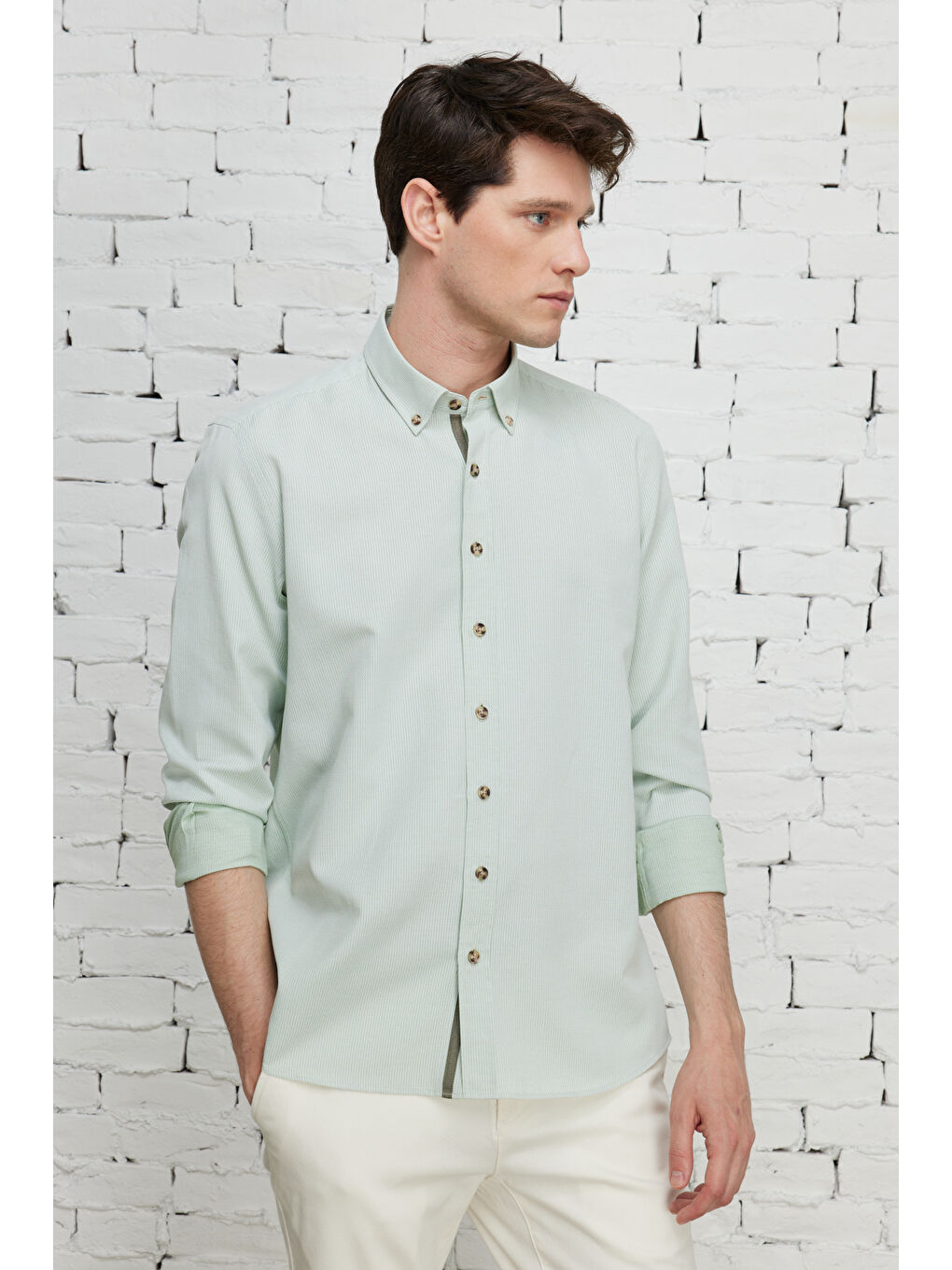 Erkek Yeşil Slim Fit Dar Kesim Düğmeli Yaka Pamuklu Armürlü Gömlek-7