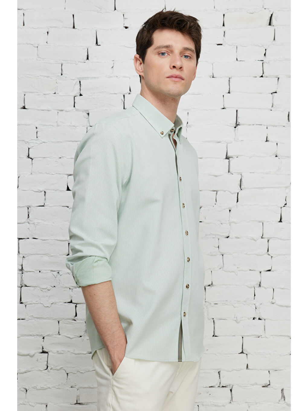 Erkek Yeşil Slim Fit Dar Kesim Düğmeli Yaka Pamuklu Armürlü Gömlek-8