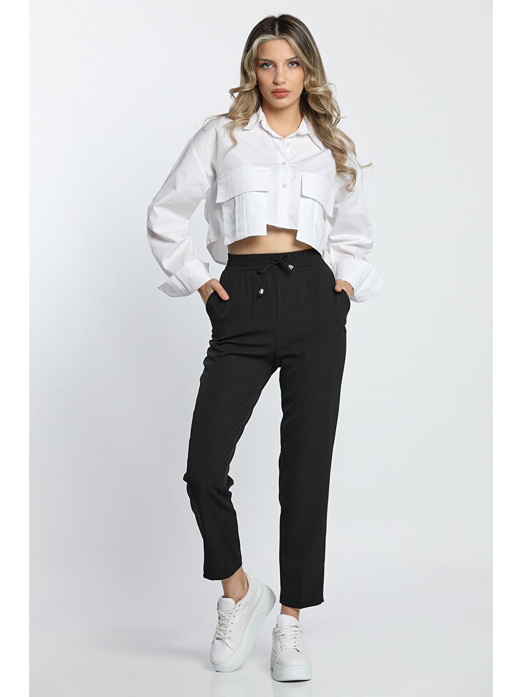 Siyah Bel Lastikli Rahat Kumaş Pantolon (DAR KALIP)-3