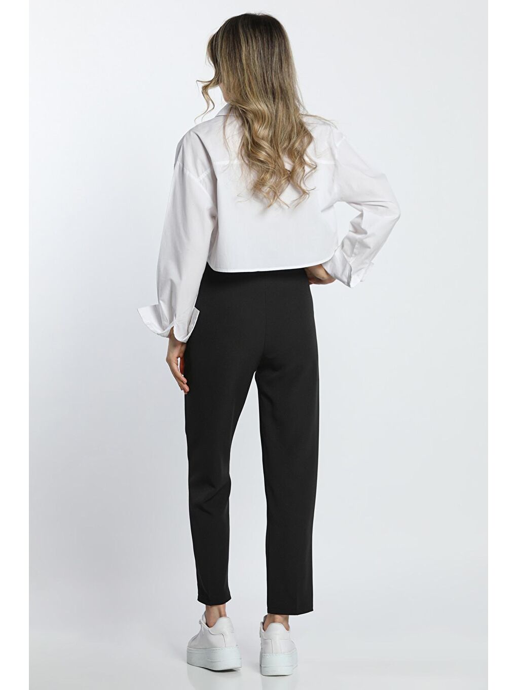 Siyah Bel Lastikli Rahat Kumaş Pantolon (DAR KALIP)-5