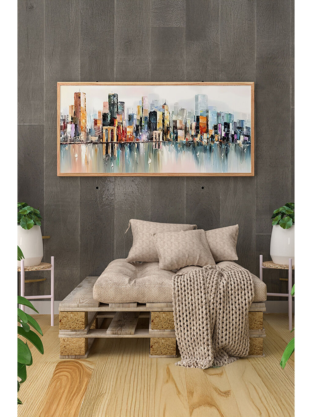 Beyaz Tek Parça Gerçek Ham Ahşap Yatay Panorama Çerçeveli Tablo - Model 25 - 33 x 70