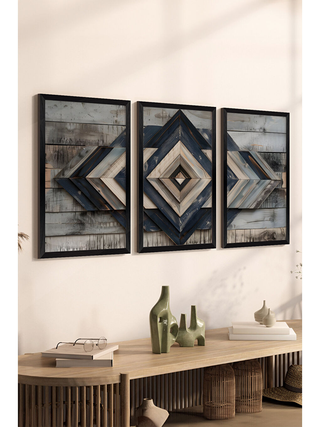 Beyaz 3 Parça Siyah Çerçeve Görünümlü MDF Poster Tablo Seti - Set 6 - ERSY3DSYHSET6-1520