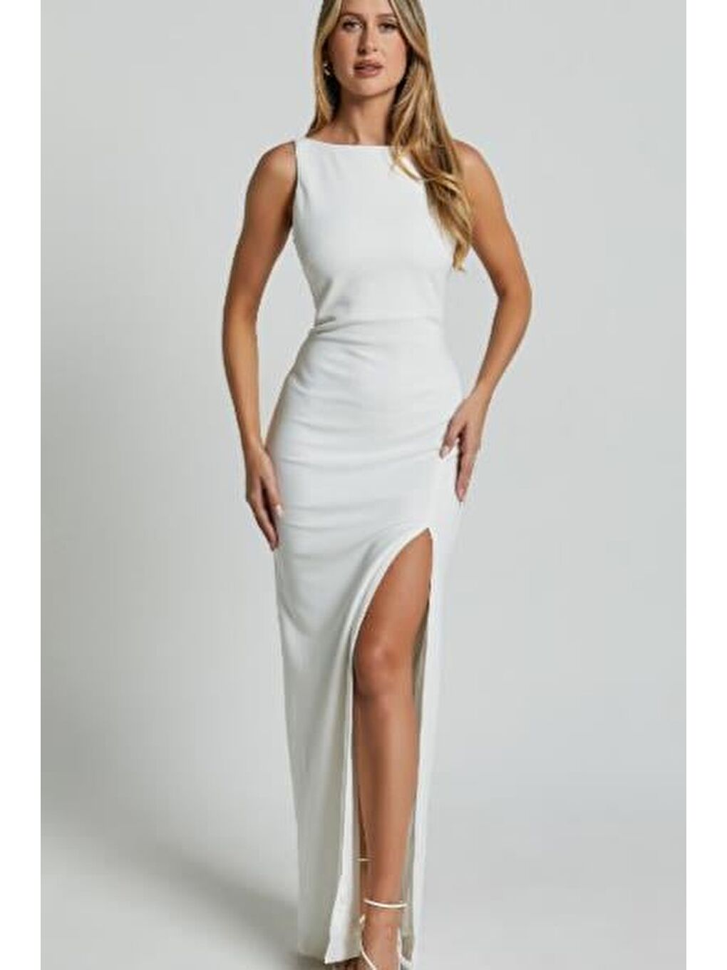 Beyaz Maxi Boy  Yırtmaç Detaylı  Kadın Elbise Mg2367-3