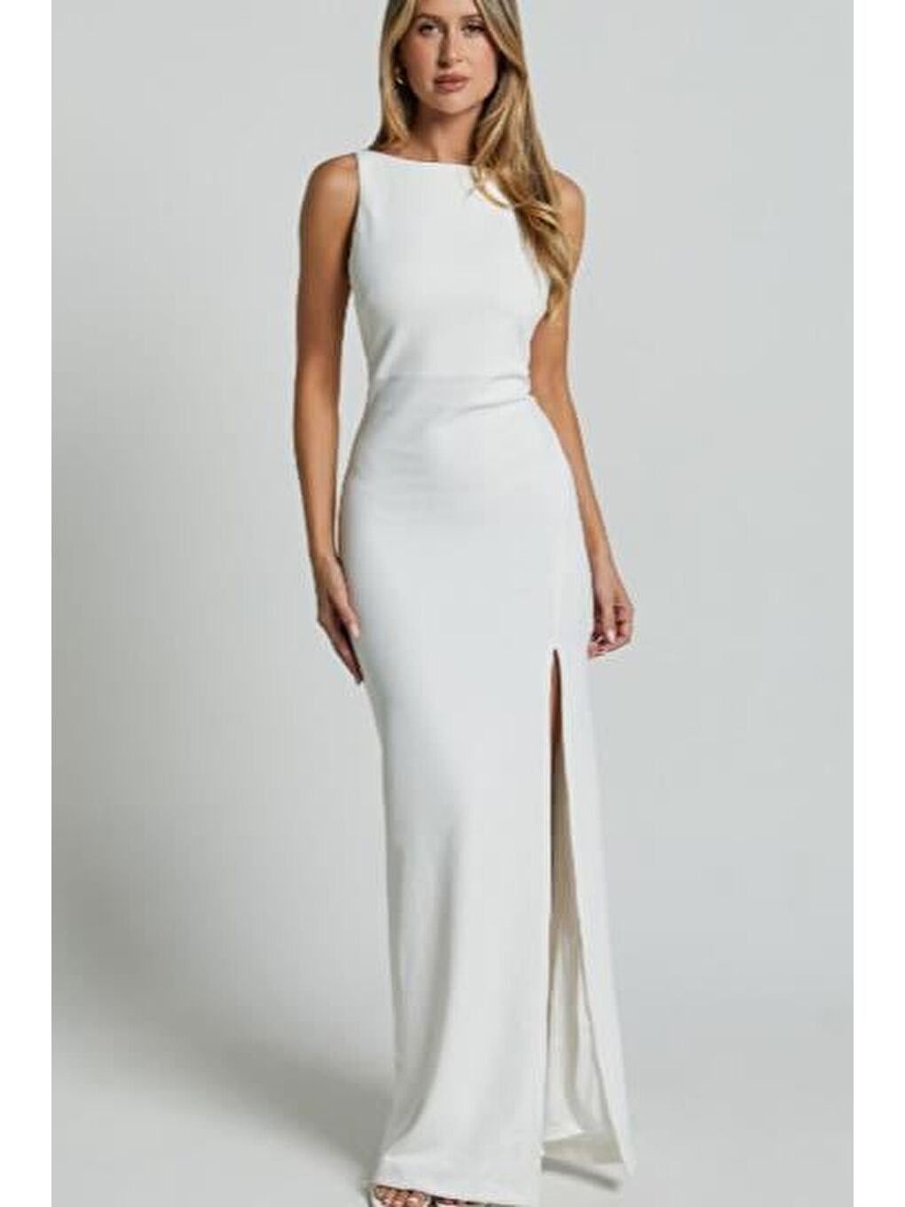 Beyaz Maxi Boy  Yırtmaç Detaylı  Kadın Elbise Mg2367-4