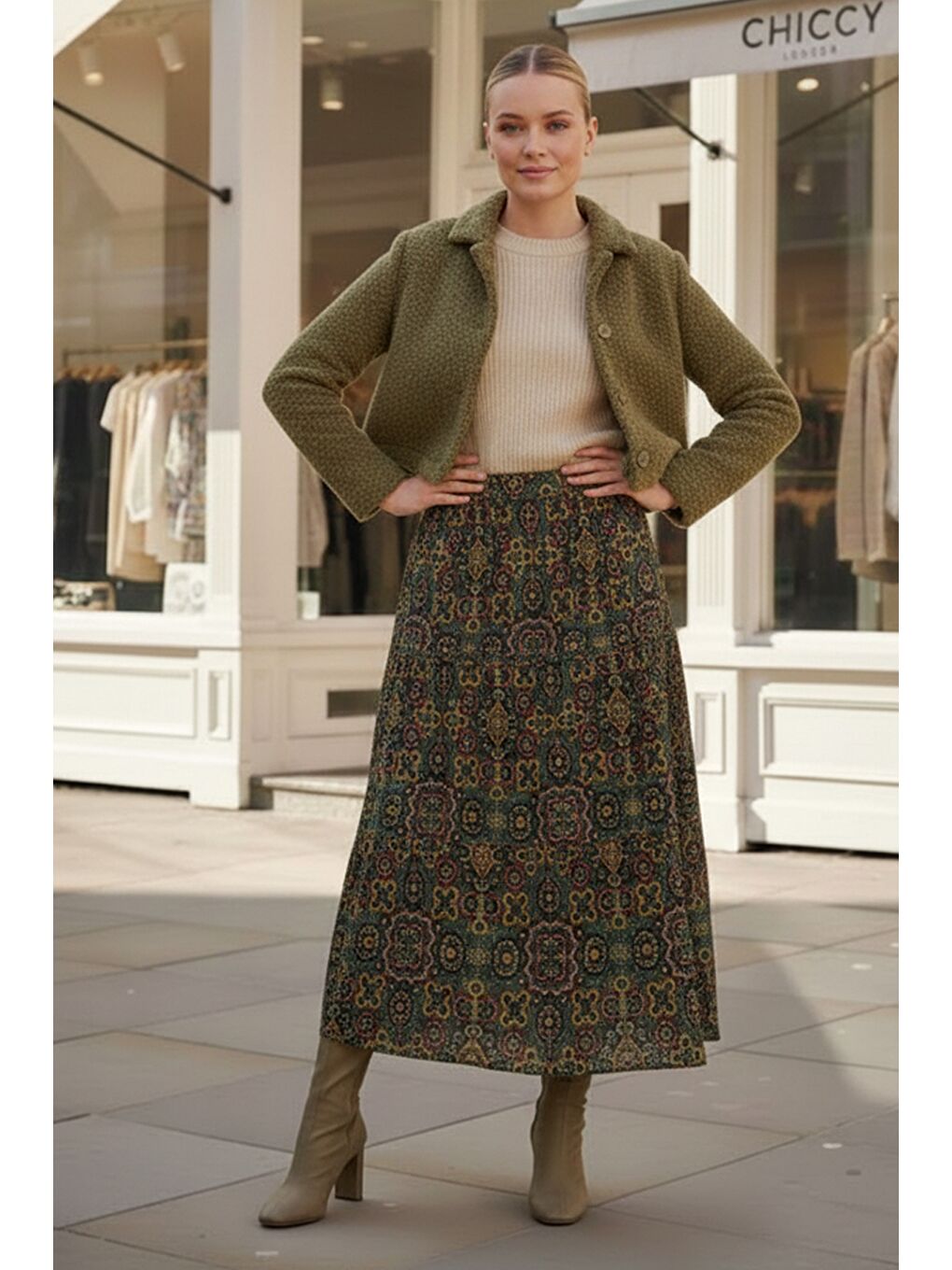 Koyu Yeşil Etnik Desenli Allover Baskılı Lastikli Bel Casual Uzun Dokuma Etek 95 60-1