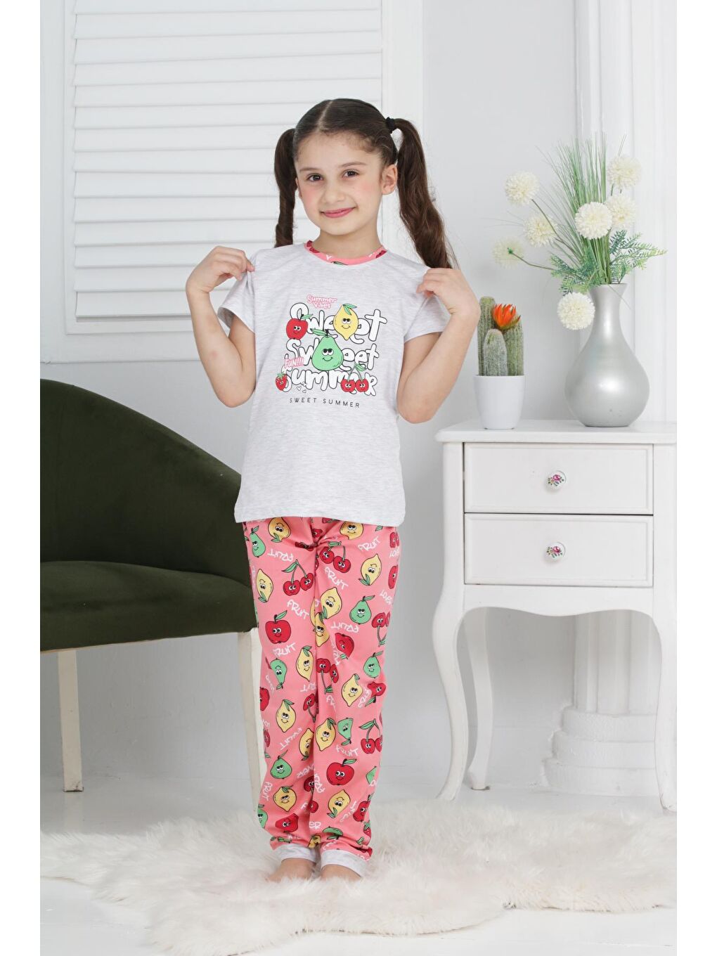 Kapi Kids Gri Kız Çocuk Meyve Baskılı Pijama Takımı 3-11 Yaş 6073-74