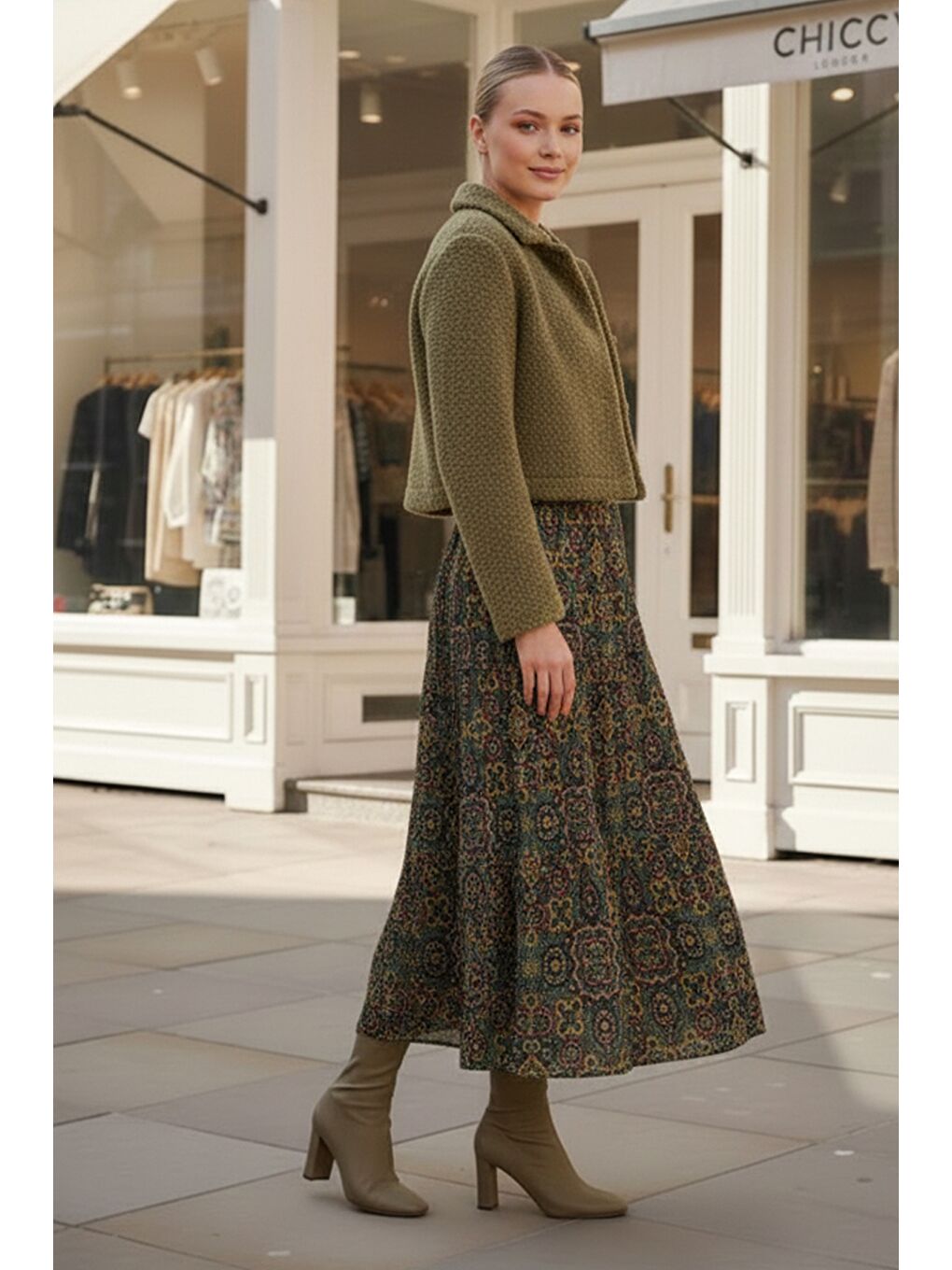 Koyu Yeşil Etnik Desenli Allover Baskılı Lastikli Bel Casual Uzun Dokuma Etek 95 60-2