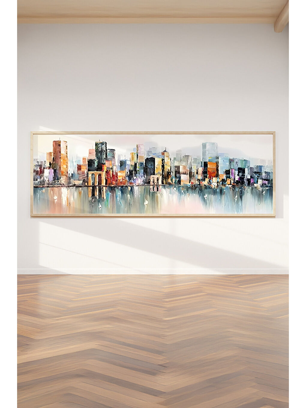 Beyaz Tek Parça Gerçek Ham Ahşap Yatay Panorama Çerçeveli Tablo - Model 25 - 33 x 70-1