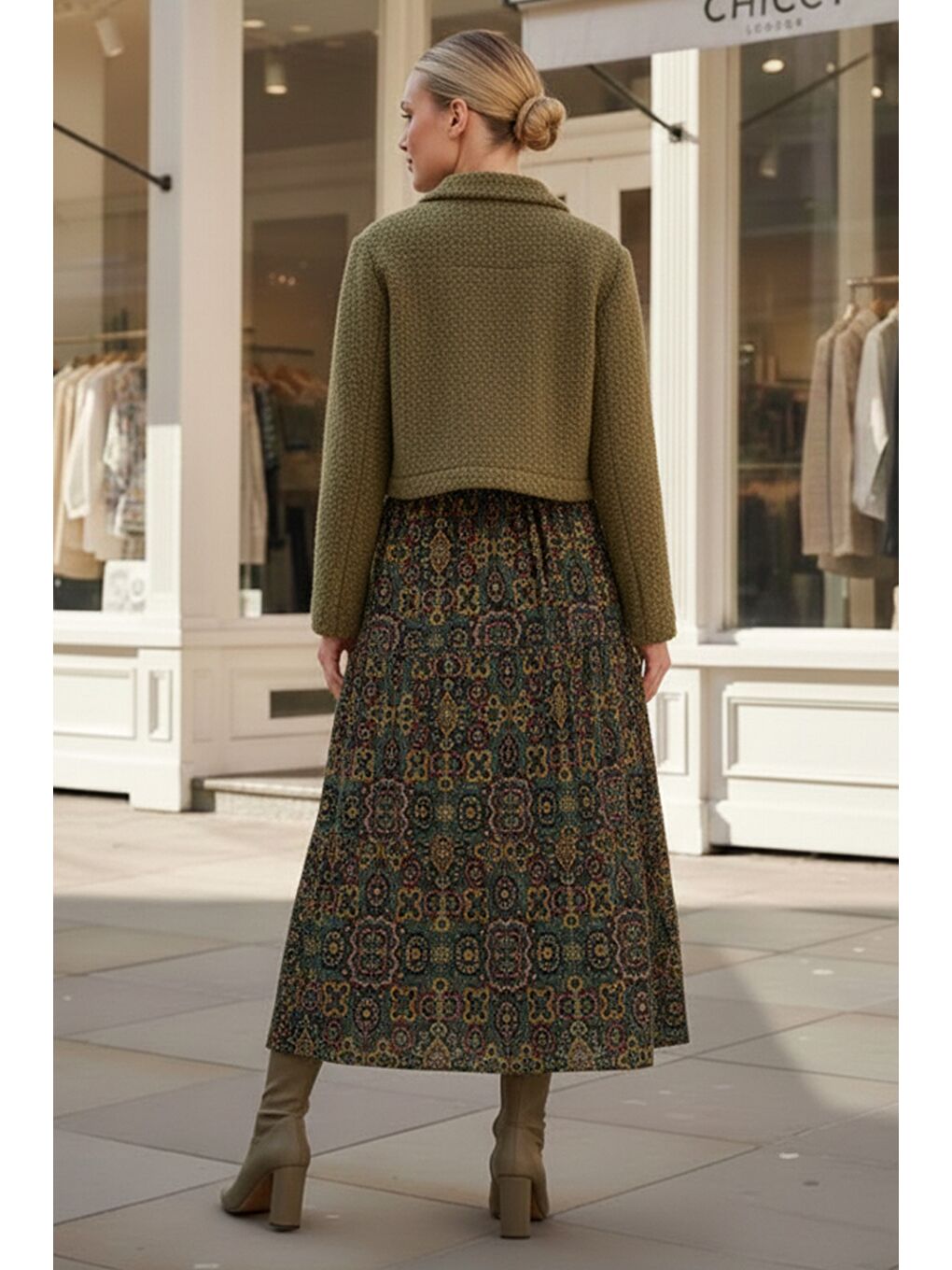 Koyu Yeşil Etnik Desenli Allover Baskılı Lastikli Bel Casual Uzun Dokuma Etek 95 60-3