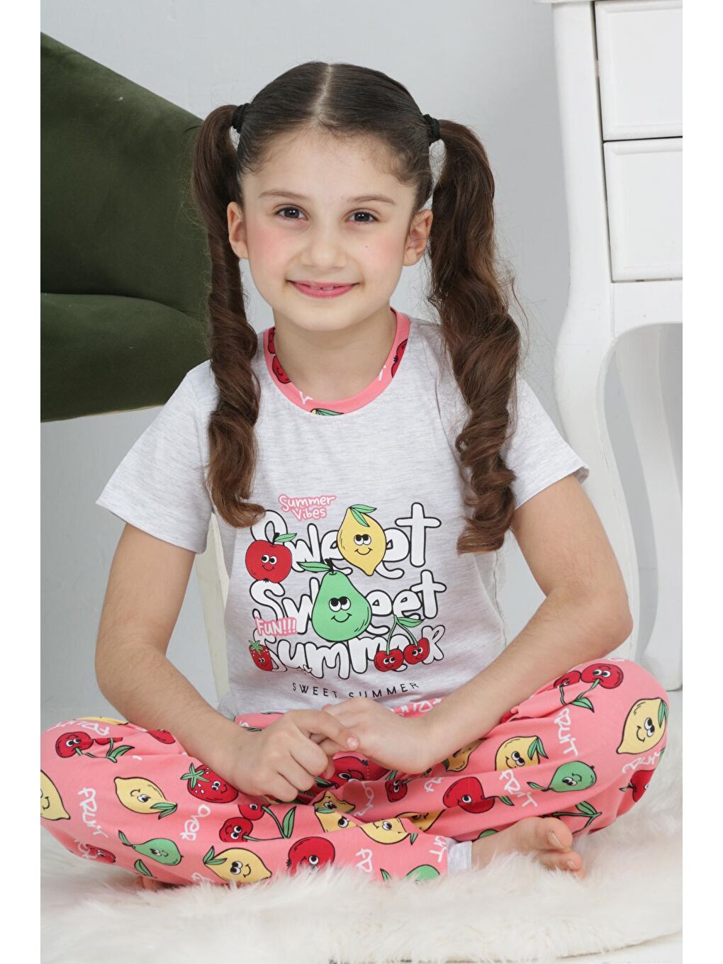 Kapi Kids Gri Kız Çocuk Meyve Baskılı Pijama Takımı 3-11 Yaş 6073-74 - 1